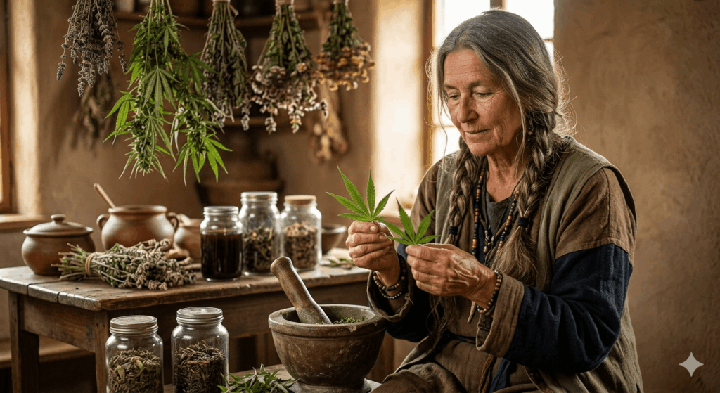 Ethnomedizin Frau mit Hanfblatt Cannabinoide in der Ethnomedizin Natürliche Wirkweisen bei Entzündungsprozessen 2026